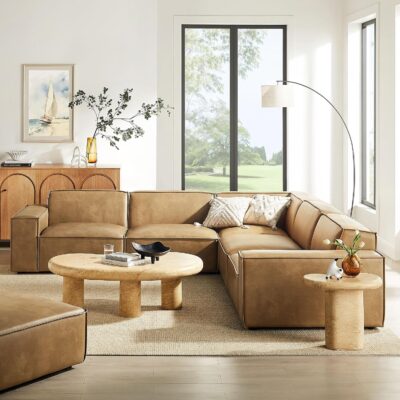 Faux Leather 5-Piece Modular L-Shaped Sofa in Toast – Low Profile L-Shaped Sectional Couch with Coil Seat Support and French Piping