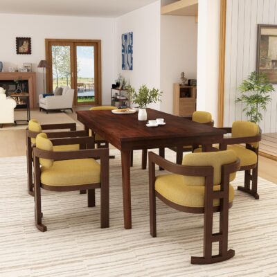 7 Pcs Dining Set,Upholstered Wood Dining Chairs (Set of 6) Yellow+Walnut+Wood Dining Table(Rich Mahogany)