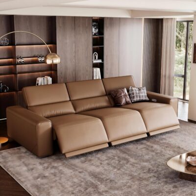 108" Modular Power Reclining Sofa with 3 Electric Recliners, Faux Leather Sectional Couch with Adjustable Backrest and Footrest, Khaki