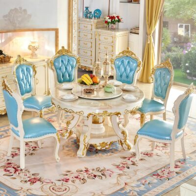 59" Dining Table Set - Solid Wood Room Set with Rotating Tray, Genuine Leather Seats, Modern Kitchen Table and Chairs, Round Dinner Table for Home Spaces, Dining Table Set for 6 A