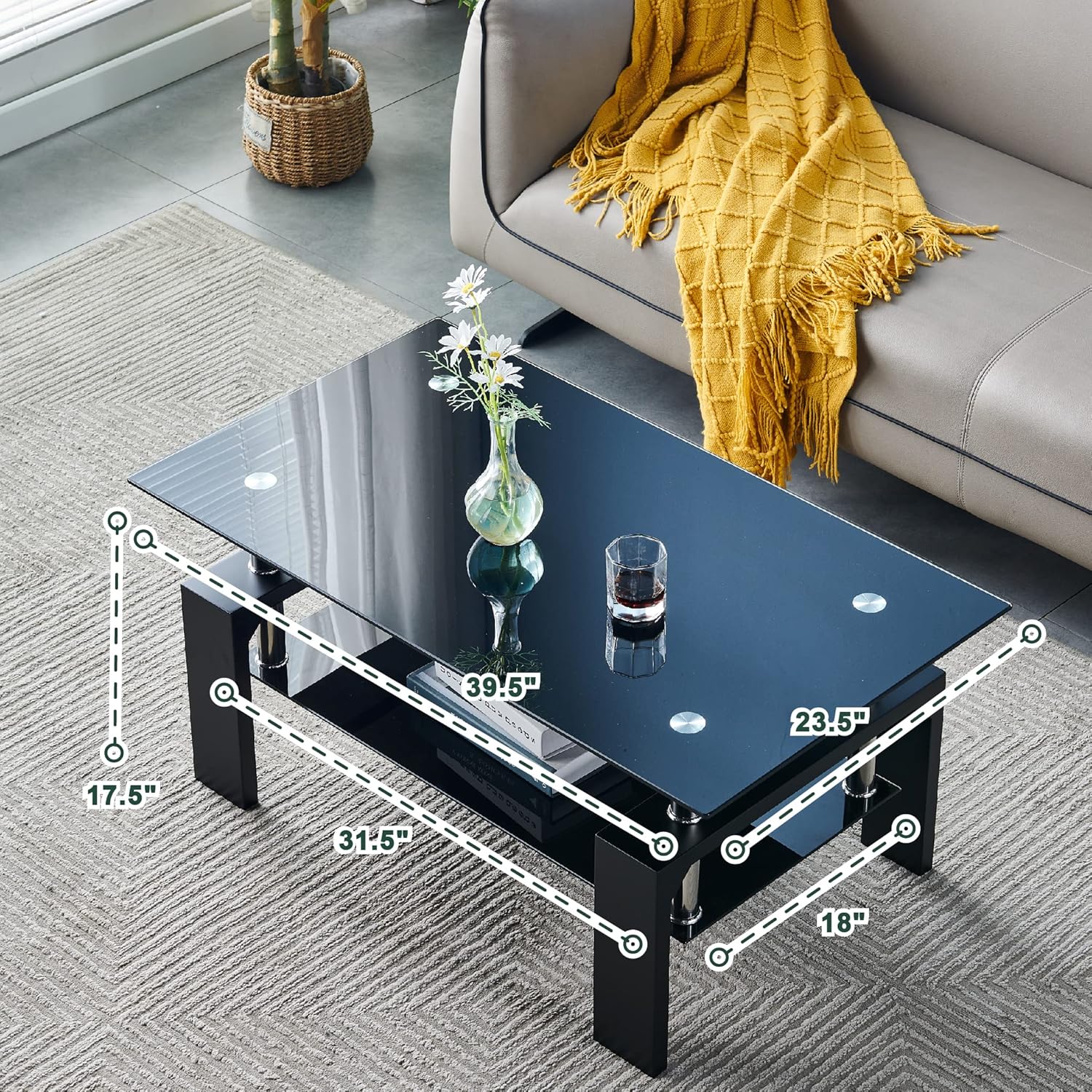 Living Room Rectangle Coffee Table, Tea Table Suitable for Waiting Room, Modern Side Coffee Table with Wooden Leg, Glass Tabletop with Lower Shelf, 39.5D x 23.5W x 17.5H in, Black - Image 2