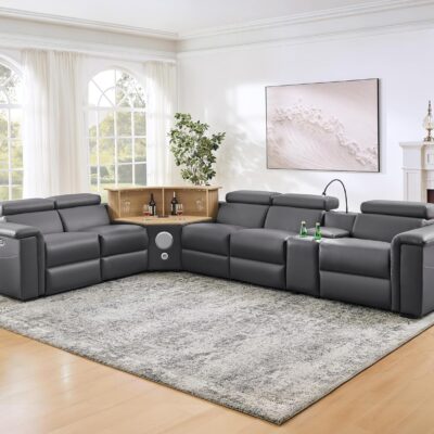130" L-Shaped Air Leather Powered Reclining Sofa with Motorized Lift Cabinet & Multi Functional Console & Adjustable Backrest & Footrest, Electric Control 5-Seater Couch, for Living Room, Gray