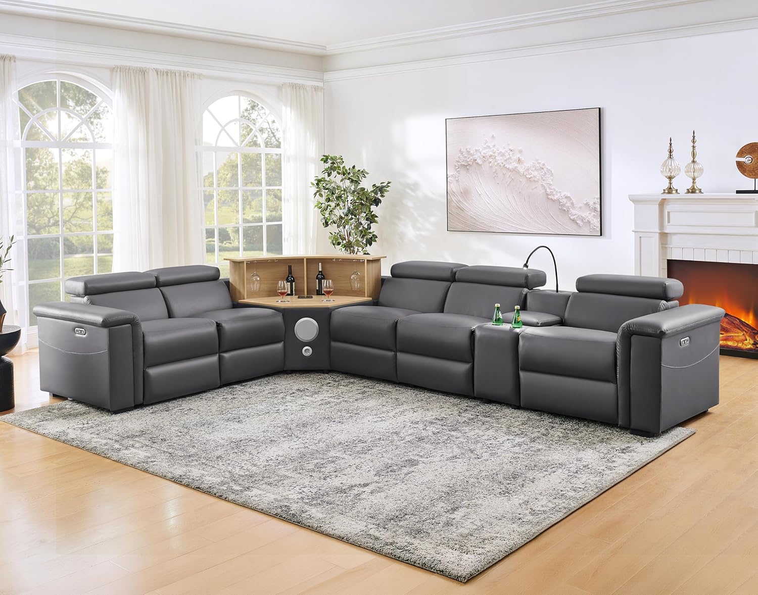 130" L-Shaped Air Leather Powered Reclining Sofa with Motorized Lift Cabinet & Multi Functional Console & Adjustable Backrest & Footrest, Electric Control 5-Seater Couch, for Living Room, Gray