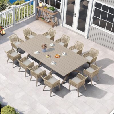 14 Pieces Outdoor Patio Dining Set All-Weather Rattan Furniture Set with All Aluminum Frame Rectangular Table and Chairs Set for 12 People Lawn Garden Backyard Deck, Champagne