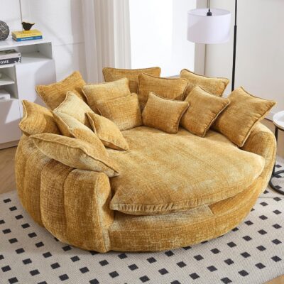 81.1" W Oversized Round Chair, Swivel Accent Chair Extra Large Knitted  Living Room Chair (Yellow)