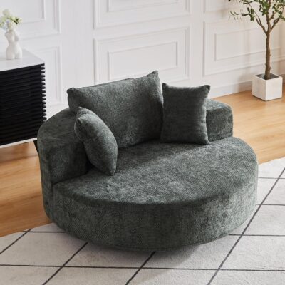 55-Inch Extra-Large 360-Degree Swivel Lounge Chair — Single Sofa Bed (with Wide Armrests and Throw Pillows) — Round Recliner Suitable for Living Rooms, Bedrooms, and Media Rooms — Green