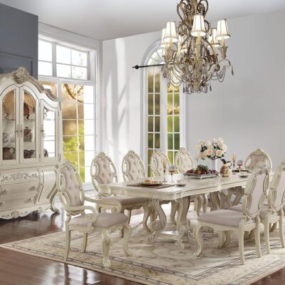 11-Piece l Dining Table Set with 1 Extendable Table, 8 Side Chairs and 2 Arm Chairs, Antique White Finish, Kitchen Furniture Set for 10