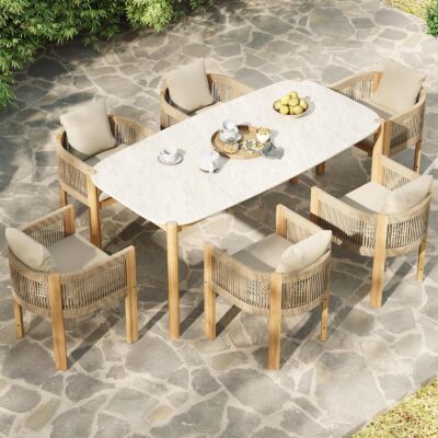 7-Pieces Outdoor Dining Set, White Cement Table with Teak & Rattan Dining Chairs, Weatherproof Cushions, Comfortable Patio Furniture Set for Garden & Patio