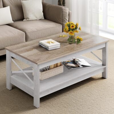 Coffee Table for Living Room,Modern Farmhouse Coffee Table with Storage,2-Tier Center Table for Living Room Wood Living Room Table Accent Cocktail with Sturdy Frame,Grey Wash